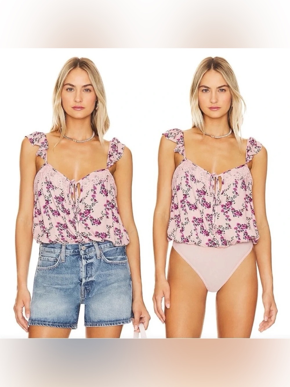 Free People "Take it Away" Bodysuit Pink Combo Floral Ruffle Strap Tank Top